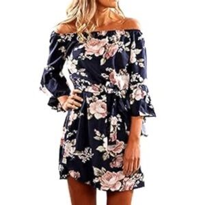 Off the shoulder floral print mini dress, size M.  Includes fabric belt